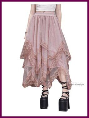 Lace Trim Layered Mesh Tulle Asymmetrical Goth Flowy Long Skirt